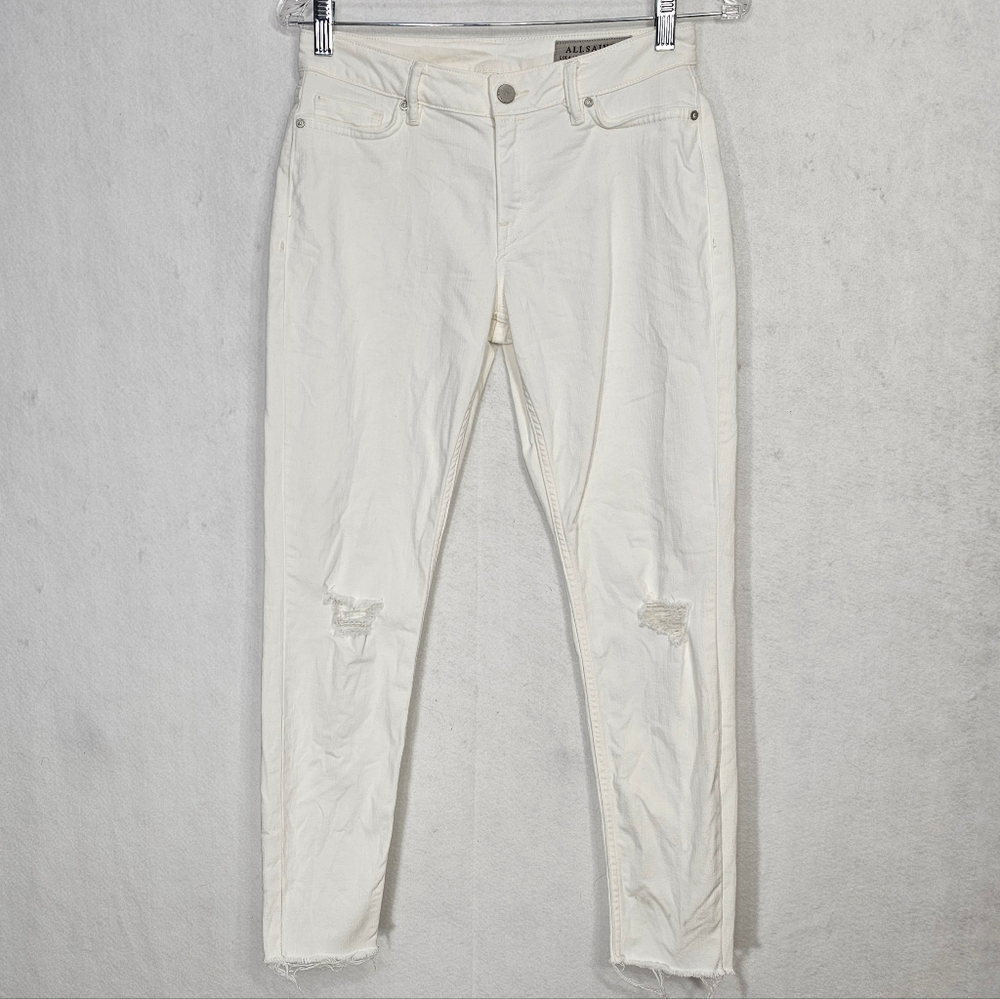 All Saints White Denim Lola Distressed Cropped Skinny Jeans 27